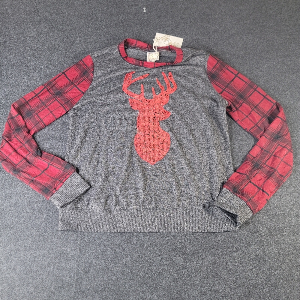 Tru Self Women's Lightweight Sweatshirt Flannel Sleeves Deer Size Large Grey Red